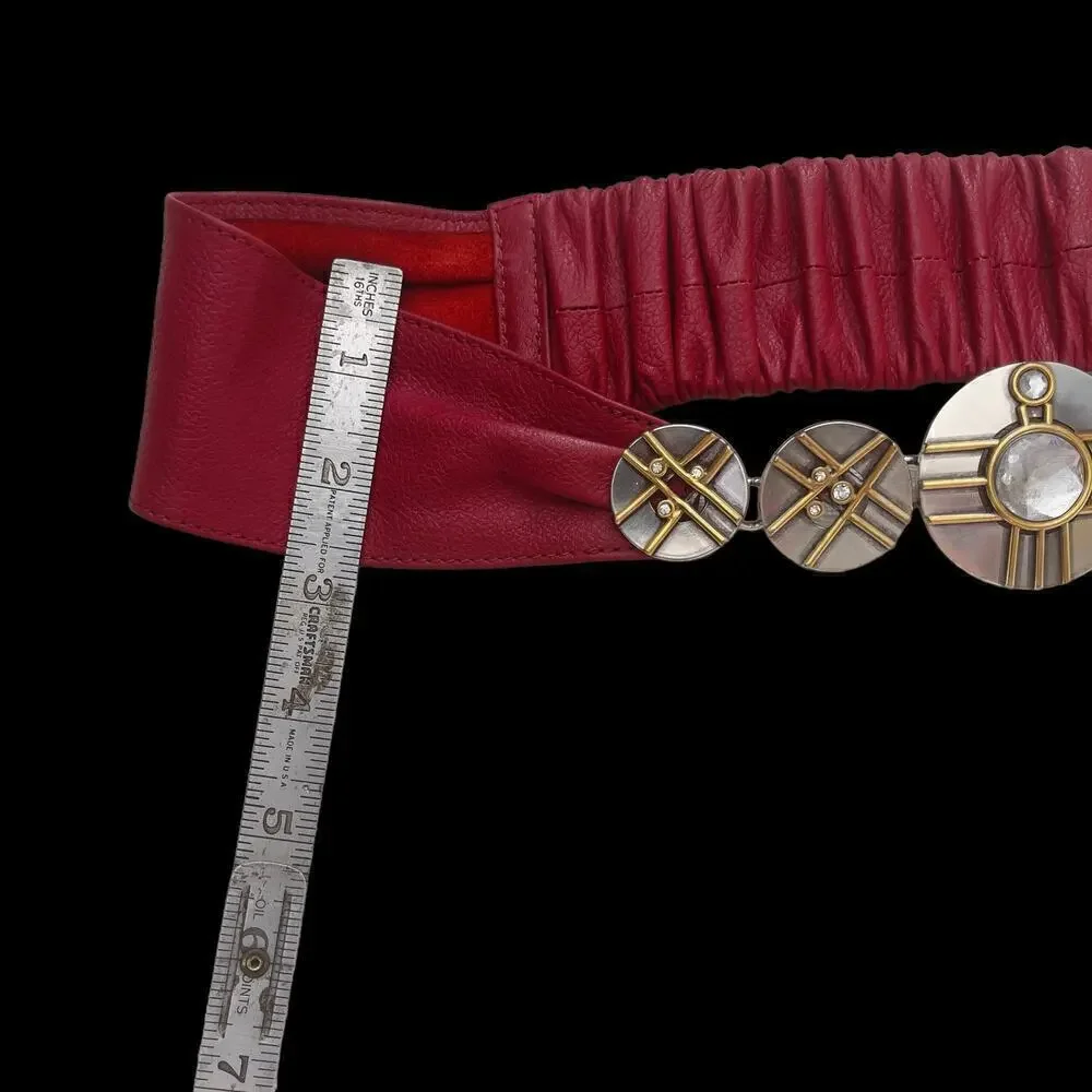 Vintage Mixed Metals Mondrian 90s Red Leather Belt Silver Gold Elastic 27-29”